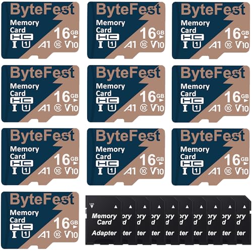 ByteFest 10 Pack 16GB microSD-Karte mit Adapter, Schnelle MicroSDHC UHS-I Speicherkarte U1 C10 A1 Full HD Video für Handy MP3 Player Dashcam Kamera von ByteFest