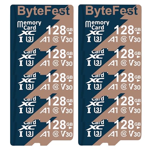 ByteFest 10 Stück 128 GB Micro-SD-Karte mit 10 Adaptern UHS-I U3 TF-Karte, C10, V30, 4K UHD Video, A1, microSDXC Flash-Speicherkarte für Überwachung, Sicherheitskameras, Drohnen-Spielekonsolen von ByteFest