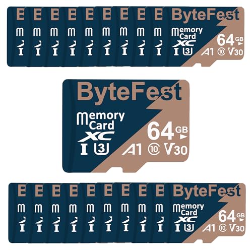 ByteFest Micro-SD-Karte mit 50 Adaptern, UHS-I U3 High-Speed-TF-Karte, C10 A1 V30 4K UHD Video, microSDXC Flash-Speicherkarte für Überwachung, Sicherheitskameras, Drohnen-Spielekonsolen, 50 Stück von ByteFest