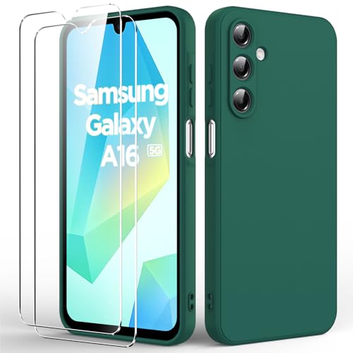 Byvuwiay Hülle für Samsung Galaxy A16 5G, mit 2 Stück Panzerglas, Anti-Scratch Stoßfeste Hülle, TPU Weich Bumper Schutzhülle für Samsung Galaxy A16 5G - Dunkelgrün von Byvuwiay