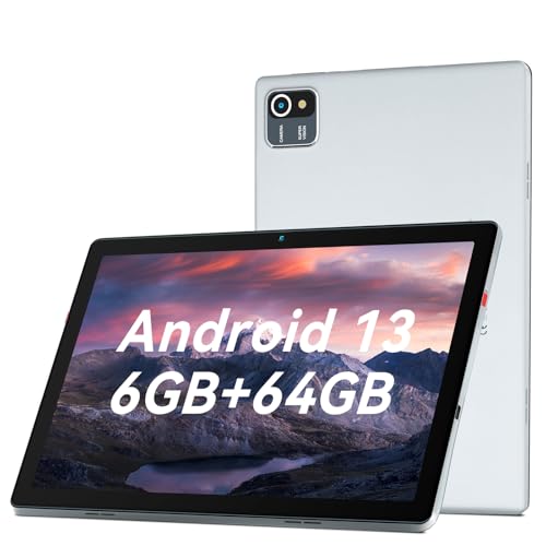 Byxsb Tablet 10 Zoll Android 13 Quad Core 6 GB RAM 64 GB Flash 1280x800 IPS Touchscreen 5 MP+ 8 MP Dual-Kameras und Lautsprecher 5000 mAh Akku (Silber) von Byxsb