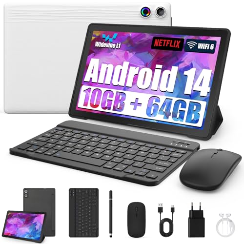 Tablet 10 Zoll 8-in-1 Kit Android 14 Tablet PC mit Hülle Tastatur Maus Stift Kopfhörer Netzstecker Kabel Octa-Core 10 GB RAM 64 GB ROM 1TB TF Erweiterbar 1280x800 IPS Touchscreen 5000 mAh (Weiß) von Byxsb