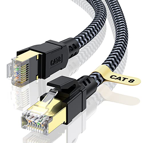 CABNEER Cat 8 Ethernet Kabel 10M, 40Gbps Netzwerkkabel Hochgeschwindigkeits 2000MHz S/FTP Ethernet Kabel, POE Gigabit RJ45 Nylon Geflochtener LAN Kabel, Patchkabel für PS5/4 Router Modem TV von CABNEER