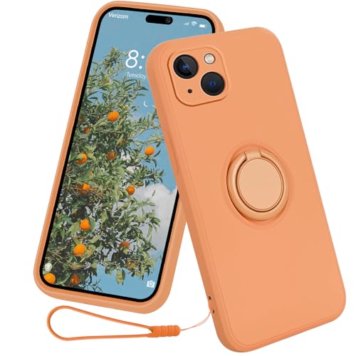 CAIOUS Silikon Hülle für iPhone 15/15 Plus/15 Pro/15 Pro Max（2023），Ring Case 360 Grad Halter Ständer handyhülle mit Band Kette innem Microfaser Magnetischen Autohalterungen Cover (15 Plus, Orange) von CAIOUS