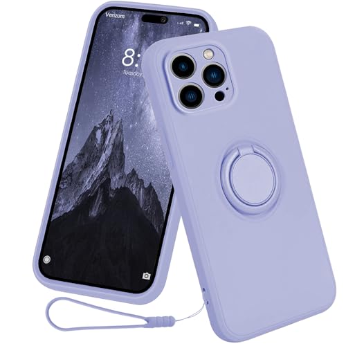 CAIOUS Silikon Hülle für iPhone 15/15 Plus/15 Pro/15 Pro Max（2023），Ring Case 360 Grad Halter Ständer handyhülle mit Band Kette innem Microfaser Magnetischen Autohalterungen Cover (15 Pro, Lavendel) von CAIOUS