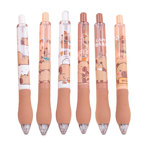 Kawaii -Stifte, 6pcs Cartoon Capybara Stifte, 5,75 Zoll Kunststoff Renner Stifte, 0,5 mm schwarze Tintenstifte für Schule, Büro, Schreibwarenbedarf von CAKEEYUM