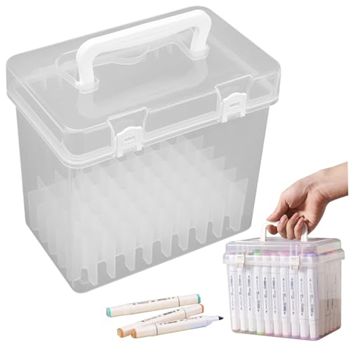 Marker Organizer Hülle, 60 Slots Clear Plastic Marker Speicher mit abnehmbarem Fach, tragbare Markierungsbox mit Griff, wasserdichtem Markerhalter -Organizer mit Deckel für Schreibtisch von CAKEEYUM