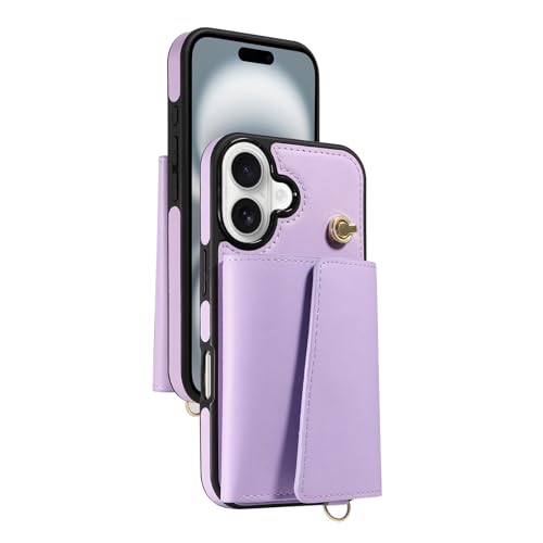 CALNAVY-Hülle Für iPhone 16 Pro Max/16 Pro/16 Plus/16, Flip Handgelenkschlaufe Brieftaschenhülle Stoßfest Ständer Kartenhülle Schultergurt Handytasche(Purple,16) von CALNAVY