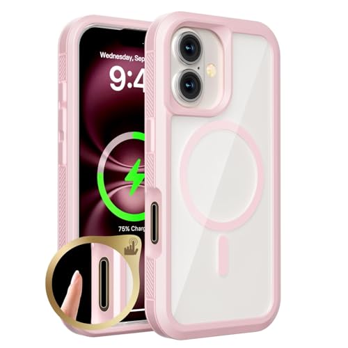 CALNAVY-Schutzhülle Für iPhone 16 Pro Max/16 Pro/16/16 Plus, Stoßfest Transparent Handytasche Kabelloses Laden Schmale Handyhülle Magnetisch Kein Vergilben Hülle(Pink,16) von CALNAVY