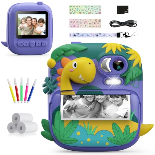 Kinderkamera Sofortbildkamera, CAMCLID 2,4 Zoll Digitalkamera Kinder Dinosaurier Sofortbildkamera mit 32G Karte und 3 Rollen Druckpapier, Geschenke für Jungen und Mädchen 3-12 Jahre (Lila) von CAMCLID