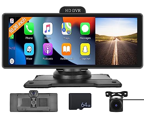 【2024】 CAMECHO Tragbares Kabelloses Carplay&Android Auto mit 1080P Dashcam+64G-Karte, 10,26 Zoll HD IPS Bildschirm mit Front&Rückfahrkamera, Loop Aufnahme, Bluetooth, Mirror Link, GPS, Siri von CAMECHO