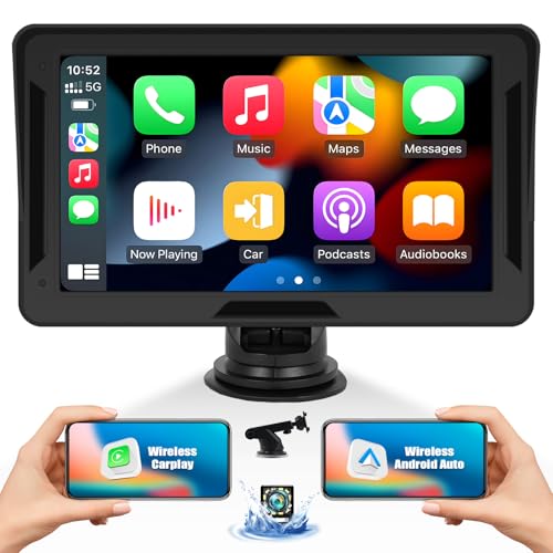 CAMECHO Wireless A-pple Carplay Android Auto Tragbares Autoradio, 7 Zoll HD Auto Stereo Touch Display mit Siri Bluetooth EQ FM GPS Mirror Link Airplay Rückfahrkamera von CAMECHO