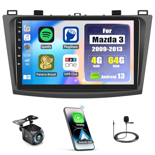 [8-Core 4G+64G] Android 13 Autoradio für Mazda 3 2009-2013 mit Wireless CarPlay Android Auto, 9" Bildschirm Display mit GPS Navi WiFi Bluetooth FM/RDS Radio 32EQ DSP 3-Split-Screen SWC Rückfahrkamera von CAMECHO