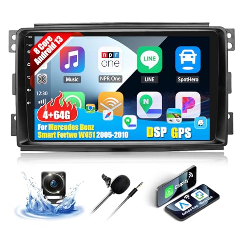 8-Kern CAMECHO 4+64G Android 13 Carplay Autoradio für Mercedes Benz Smart Fortwo W451 2005-2010 9" Bildschirm Radio mit Android Auto,Bluetooth FM/RDS DSP Navi GPS WiFi +Rückfahrkamera von CAMECHO