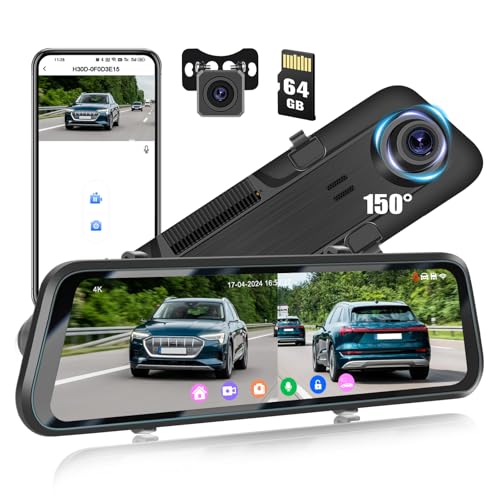 CAMECHO 12 Zoll Spiegel Dashcam 4K Dual Rückspiegel GPS Auto Kamera mit Rückfahrkamera und 64GB TF-Karte mit HD Touchscreen WiFi BSD ADAS G-Sensor 150 Grad Weitwinkel-Nachtsicht Loop-Aufnahme von CAMECHO