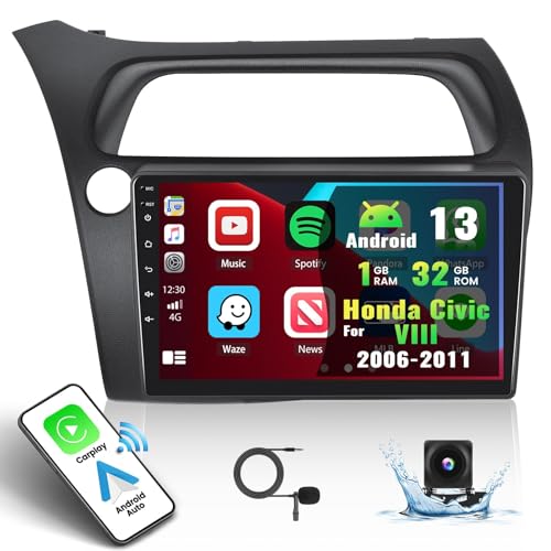 CAMECHO 1G+32G Android 13 Autoradio Für Honda Civic VIII 2006-2011 Wireless CarPlay Android Auto Bluetooth Radio NAVI GPS 9 Zoll Berührungsbildschirm WiFi HiFi Audio SWC + Rückfahrkamera Mikrofon von CAMECHO