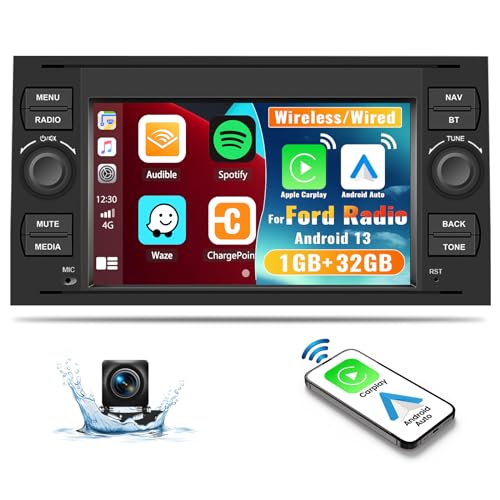 CAMECHO 1G+32G Android 13 Autoradio Wireless CarPlay Android Auto für Ford Fiesta Focus Kuga Transit Connect Mondeo S-Max, 7" Bildschirm mit Bluetooth Mirror Link GPS FM RDS WiFi SWC+Rückfahrkamera von CAMECHO