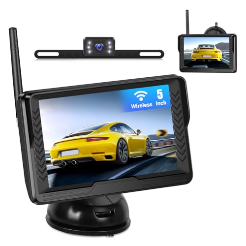 CAMECHO 5 Zoll Drahtloses Rückfahrkamera Set mit Monitor & IP69 Wasserdicht,Nachtsicht- Rückfahrkamera,Con DIY Rückfahrhilfe & Image Flip für Auto Minivans SUV-12V von CAMECHO