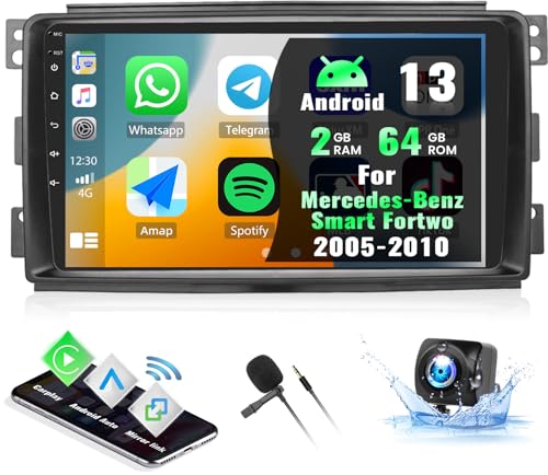 CAMECHO Android 13 Autoradio für Mercedes-Benz Smart Fortwo 2005-2010 mit Wireless Carplay Android Auto, 9 Zoll Bildschirm Autoradio mit Bluetooth RDS/FM Mirror link WiFi GPS SWC+Rückfahrkamera von CAMECHO