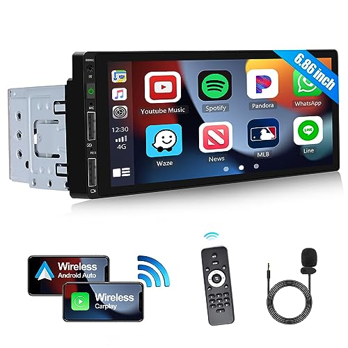 CAMECHO Autoradio 1 Din Wireless CarPlay mit 6.86 Zoll Bildschirm Android Auto Radio Touch Display mit Bluetooth Freisprecheinrichtung Mirror Link FM 3 USB Ports SWC Externes Mikrofon + Rückfahrkamera von CAMECHO