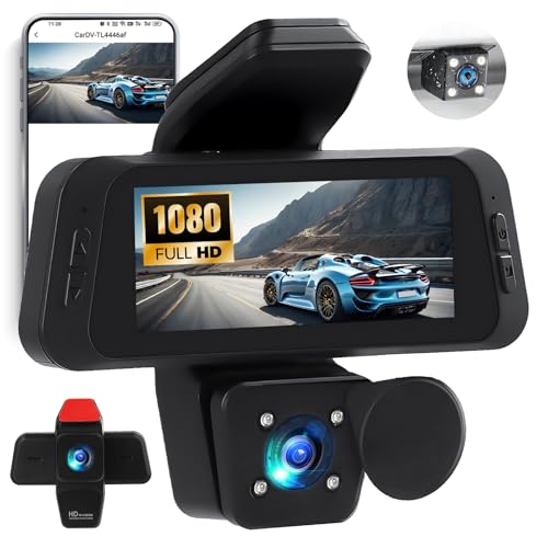 CAMECHO Dashcam Auto vorne hinten innen, 3 Zoll 1080P Dash Camera für Autos, Autokamera mit APP-Steuerung, IR-Nachtsicht, Loop-Aufnahme, G-Sensor, Parkhilfe, 24H Parküberwachung von CAMECHO