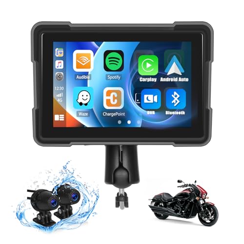 CAMECHO Motorrad Navi mit CarPlay&Android Auto,5 Zoll IPS wasserdichte DVR DashCam mit Bluetooth Airplay Android Cast Loop-Aufnahm Unterstützung EQ/FM/TF+2*Rückfahrkamera von CAMECHO