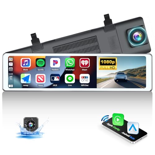 Spiegel Dashcam mit Wireless Apple Carplay&Android Auto, 11,26 Zoll Touchscreen Dashcam mit Frontkamera Rückfahrkamera Weitsicht mit Sprachsteuerung Bluetooth FM Einparkhilfe Parkmonitor von CAMECHO