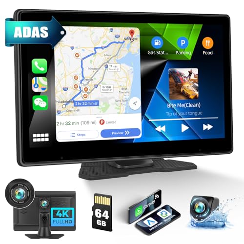 Tragbare Autoradio 4K-Dashcam mit CarPlay Android Auto, 10.1'' Kabelloses Autoradio-Receiver mit 4K Dashcam Auto Vorne Hinten, Bluetooth, FM Transmitter, AUX, Mirror Link+64GB SD+Loop-Aufnahme von CAMECHO