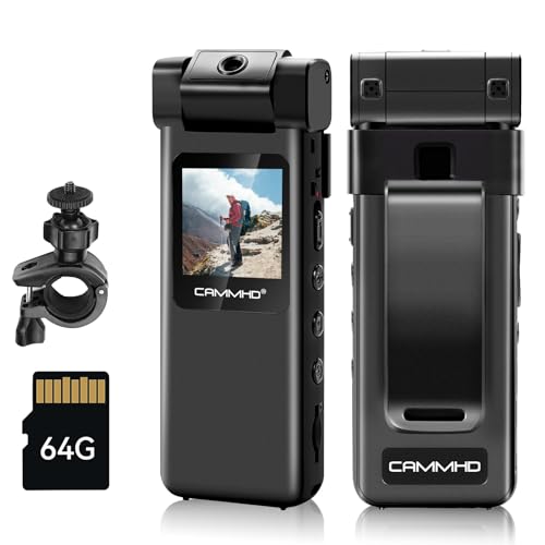 CAMMHD V1-64G Body Cam mit 180° drehbarem Objektiv, HD 1080P Bodycam mit Rückclip, Bewegungserkennung und 1,3-Zoll-Farbbildschirm, tragbarer Körperkamera für Outdoor-Sport/Radfahren/Polizei von CAMMHD