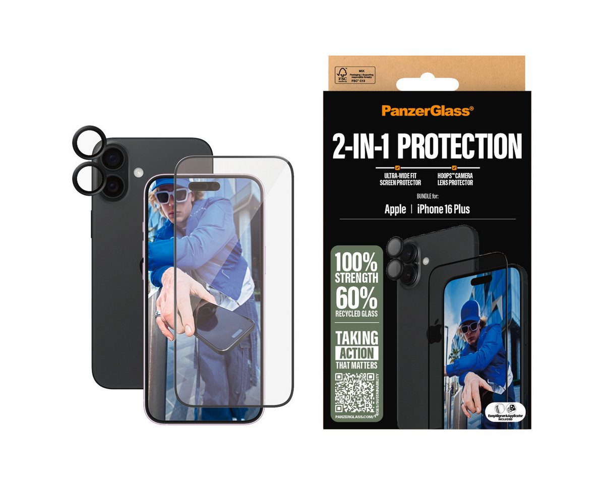 PanzerGlass Displayschutzglas 2-in-1 Protection, Glass, Lens Protector für Apple iPhone 16 Plus, Displayschutzfolie, Schutzfolie, Bildschirmschutz, kratz- & stoßfest von PanzerGlass