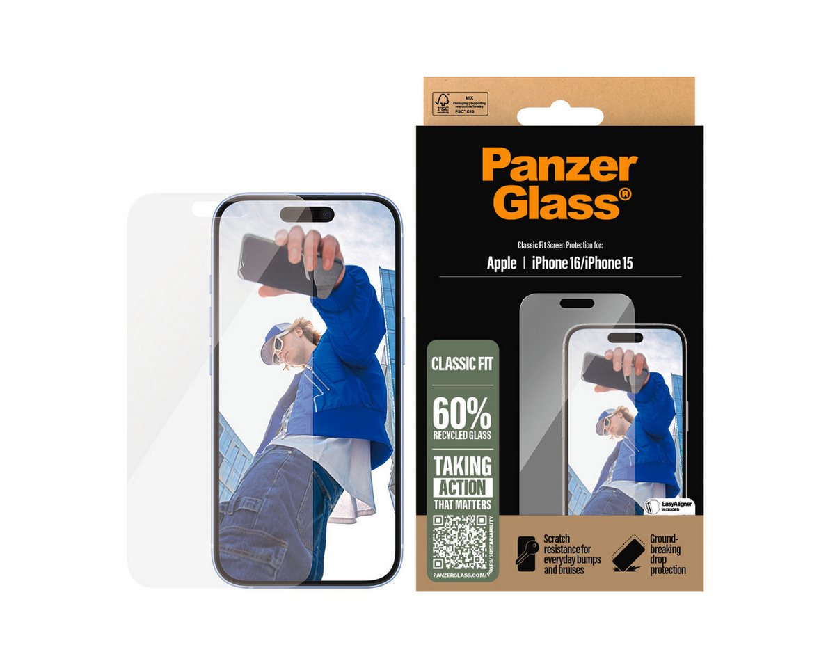 PanzerGlass Displayschutzglas Classic Fit Screen Protection für Apple iPhone 16, Displayschutzfolie, Schutzfolie, Bildschirmschutz, kratz- & stoßfest von PanzerGlass