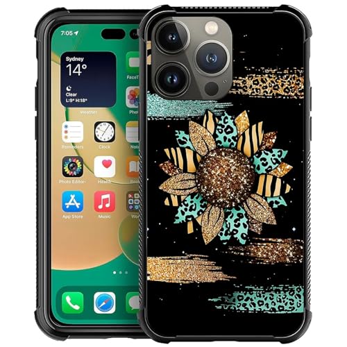 CARLOCA Kompatibel mit iPhone 14 Pro, glänzende Sonnenblumen-Leoparden-Hüllen für Mädchen, modisches Grafikdesign, stoßfest, kratzfest, Fallschutz für iPhone 14 Pro von CARLOCA