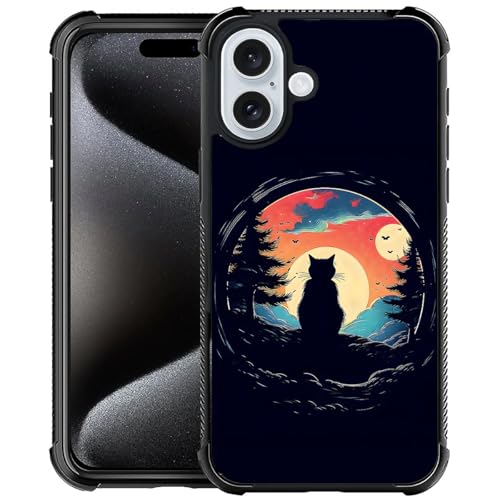 CARLOCA Schutzhülle für iPhone 16, Motiv: Katze unter dem Mond, Wald, stoßfest, weiches Silikon, TPU, rutschfeste Rückseite von CARLOCA