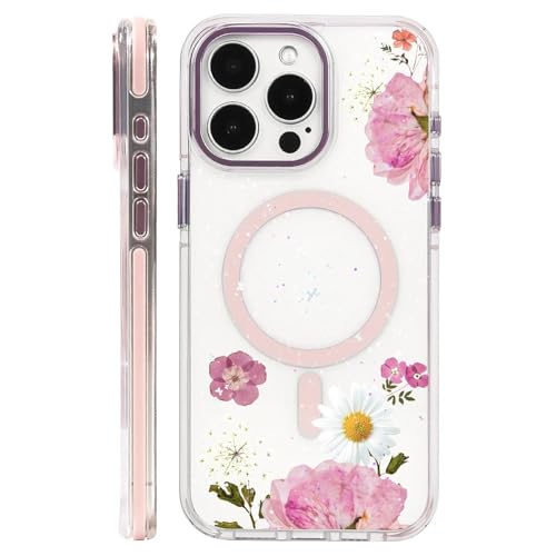 CARLOCA Schutzhülle für iPhone 16 Pro Max, rosa gepresste Blume, kompatibel mit MagSafe und magnetischem, kabellosem Laden, stoßfeste Schutzhülle für iPhone 16 Pro Max, transparentes Rosa von CARLOCA