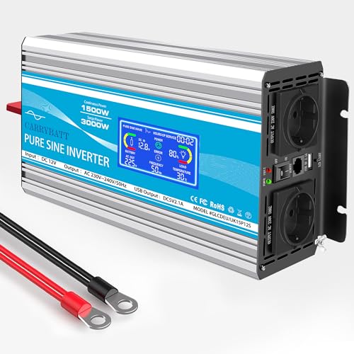 CARRYBATT 1500W kfz Spannungswandler Wechselrichter Reiner Sinus 12V auf 230V-inkl.5 Meter Fernsteuerung-2-EU-AC-steckdoses & 1 USB &LCD Anzeige für Auto, Wohnwagen,Camping von CARRYBATT