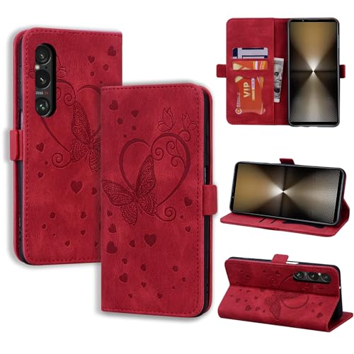 CASAFUNY Handyhülle für Sony Xperia 1 VI Hülle, PU Leder Tasche Cover Lederhülle für Sony Xperia 1 VI Wallet Kartenfach Stoßfest Flip Case Magnetisch Klapphülle Schutzhülle für Sony Xperia 1 VI, rot von CASAFUNY