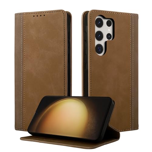 CASAFUNY Handyhülle für Samsung Galaxy S23 Ultra Hülle Leder Flip Wallet Stoßfeste Case Klapphülle für Samsung S23 Ultra 5G Tasche Kartensteckplätzen Schutzhülle für Samsung Galaxy S23 Ultra 5G, Braun von CASAFUNY