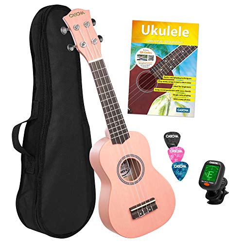 CASCHA Sopran Ukulele Set Englisch für Kinder und Erwachsene I Starter Kit mit 3 Plektren Tasche Lehrbuch Lernvideos über QR-Code Stimmgerät I Aquila Saiten Nylon I Kleine Hawaii Gitarre I Pink von CASCHA