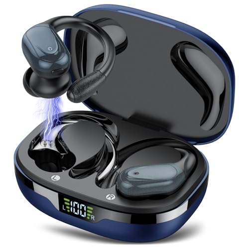 Bluetooth Kopfhörer Sport, Kopfhörer Kabellos Bluetooth 5.3, 60 Std Kabellose Kopfhörer mit Tiefer Bass, In Ear Kopfhörer mit 4 ENC Klarer Mic, IPX7 Wasserdichte Ohrhörer mit Ohrhaken Schwarzblau von CASCHO