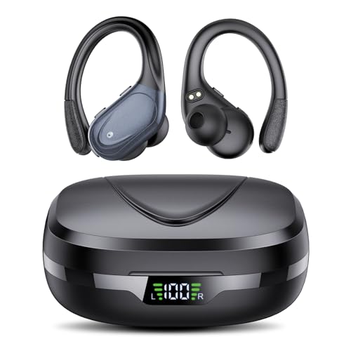 CASCHO Bluetooth 5.3 Kopfhörer Sport, 60H mit Ladekoffer LED Anzeige, ENC HD Anruf, In Ear Kopfhörer Kabellos mit Ohrhaken, Tiefer Bass, Bequemer Sitz, IPX7 wasserdichte Lauf Kopfhörer(Schwarz) von CASCHO