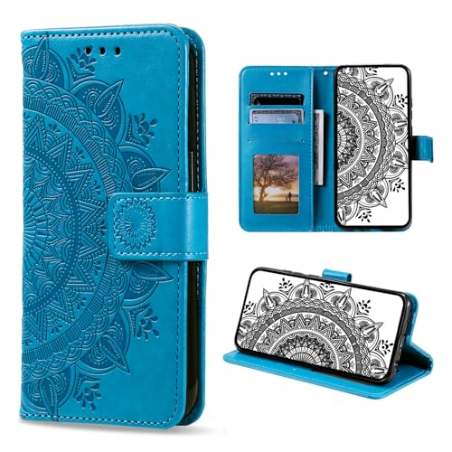 CASEONJAN Handyhülle für Samsung Galaxy A12 Hülle, PU Leder Klapphülle mit [Kartenfach] [Magnetverschluss], Flip Case Handytasche Prägung Schutzhülle für Samsung A12 4G/5G (Blau) von CASEONJAN