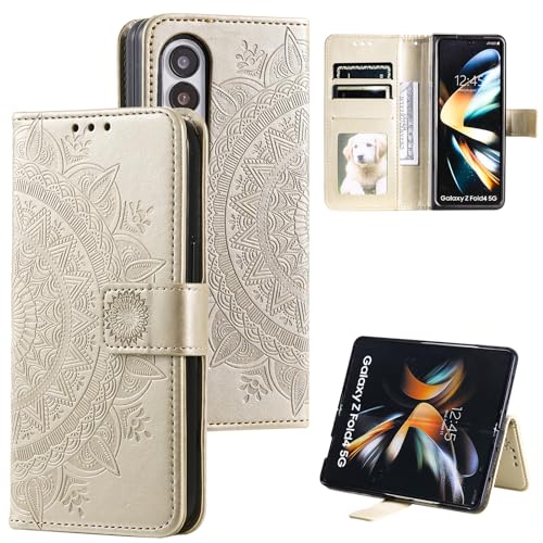 CASEONJAN Handyhülle für Samsung Galaxy Z Fold 4 Hülle, PU Leder Klapphülle mit [Kartenfach] [Magnetverschluss], Flip Case Handytasche Prägung Schutzhülle für Samsung Z Fold 4 (Gold) von CASEONJAN