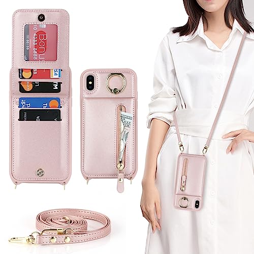 CAVOR Handykette iPhone X/XS Hülle Mit Band,Handyhülle iPhone X/XS,Flip Leder Geldborse Handyhülle,[4 Kartenfach][Mit Ring Stander][Schnalle],Klapphülle Handyhülle für iPhone X/XS - Rose Gold von CAVOR