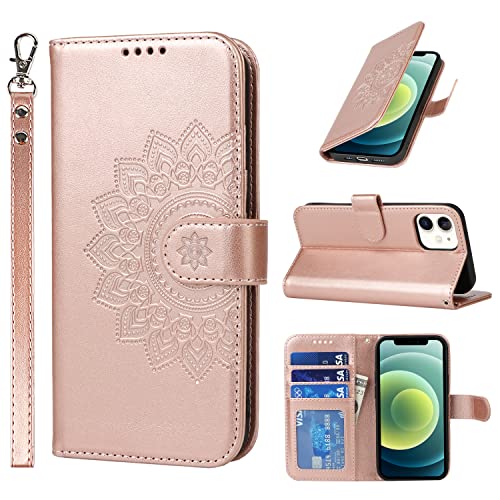 CAVOR Handyhülle Kompatibel mit iPhone 12 Mini Hülle Mit Band,Flip Leder Blumen Geldbörse Lederhülle,[4 Kartenfach][Ständer][Magnetisch],Klapphülle Schutzhülle Handyhülle - Roségold von CAVOR