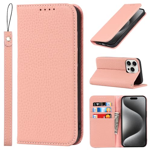 CAVOR Handyhülle kompatibel mit iPhone 15 Pro Max Hülle Mit Band,Flip Echtleder Geldbörse Handyhülle,[4 Kartenfach][Magnetisch],Klapphülle Handyhülle kompatibel mit iPhone 15 Pro Max - Rosa von CAVOR