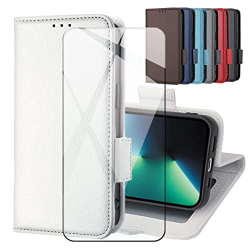 CAXKJE Lederhülle + Gehärtetes Schutzfolie für Honor X7c,Leder Flip Case Brieftasche Etui Schutzhülle Handyhülle, 9H Gehärtetes Glas Film für X7c -LZW-White von CAXKJE