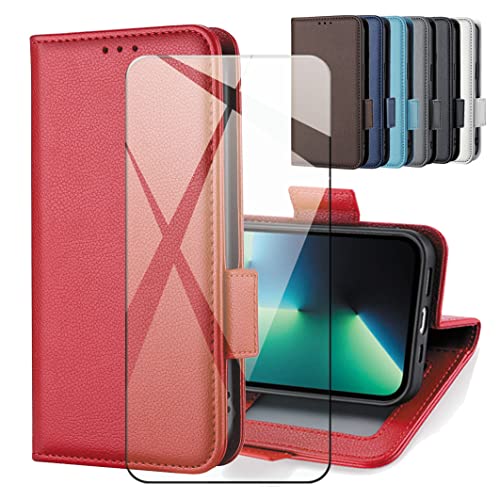 CAXKJE Lederhülle + Gehärtetes Schutzfolie für Xiaomi 14T Pro,Leder Flip Case Brieftasche Etui Schutzhülle Handyhülle, 9H Gehärtetes Glas Film für 14T Pro -LZW-Red von CAXKJE