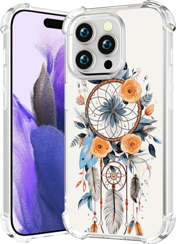 CCFUNCASE Kompatibel mit iPhone 15 Pro Hülle, niedlich, transparent für Frauen – robuste Handy-Funda-Schutzhülle (blauer Traumfänger, Traumfänger, Federn, Blumen, Blumen, Blätter) von CCFUNCASE