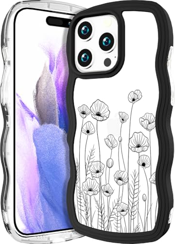 CCFUNCASE Kompatibel mit iPhone 16 Pro Max Hülle, transparent, niedlich für Frauen – robuste Handyhüllen, Wellenrahmenform, lockige Abdeckung, Skin para Promax (schwarze Blumenblume) von CCFUNCASE