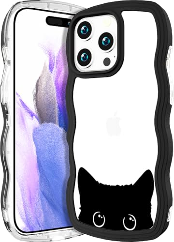 CCFUNCASE Kompatibel mit iPhone 16 Pro Max Hülle, transparent, niedlich für Frauen – robuste Handyhüllen, Wellenrahmenform, lockige Abdeckung, Skin para Promax (schwarze Katzenohren, Tier) von CCFUNCASE